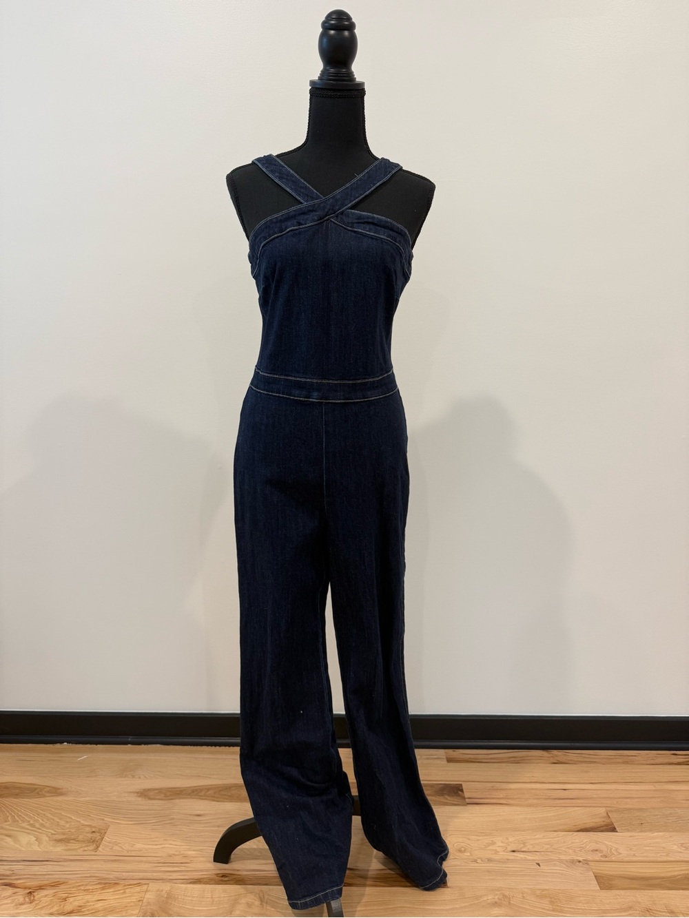 bebe Dark Wash Denim Crisscross Wide Leg Jumpsuit Snap Sides Size 8